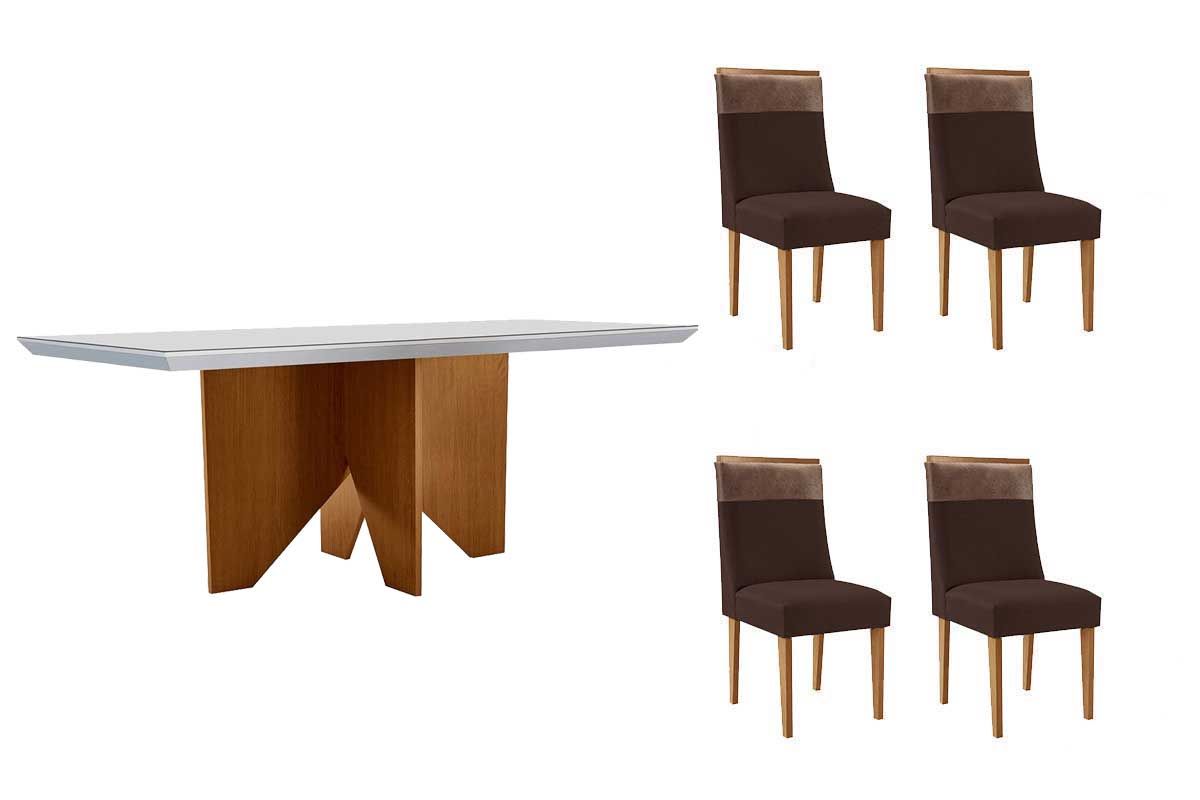 Sala Jantar Mesa Nevada c/ Tampo Madeirado c/ Vidro Canto Curvo 120x80cm e 4 Cadeiras Jaspe - Rufato