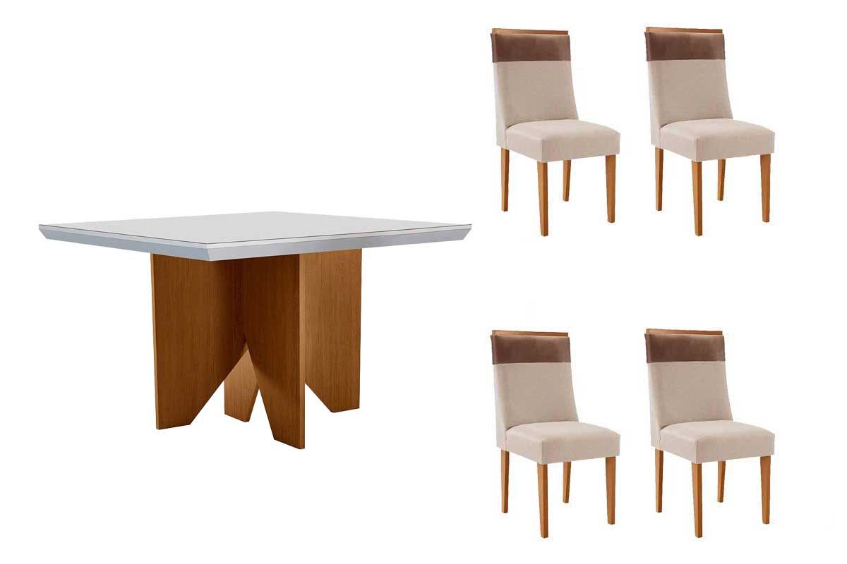 Sala Jantar Mesa Nevada c/ Tampo Madeirado c/ Vidro Canto Curvo 90x90cm e 4 Cadeiras Jaspe - Rufato