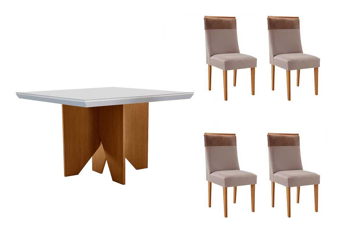 Sala Jantar Mesa Nevada c/ Tampo Madeirado c/ Vidro Canto Curvo 90x90cm e 4 Cadeiras Jaspe - Rufato
