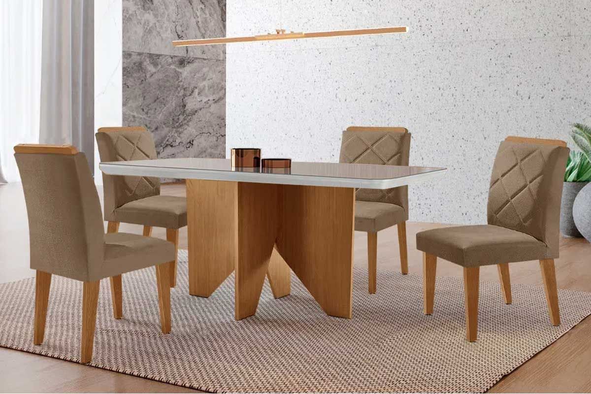 Sala Jantar Mesa Nevada c/ Tampo Madeirado c/ Vidro Canto Curvo 120x80cm e 4 Cadeiras Pietá - Rufato