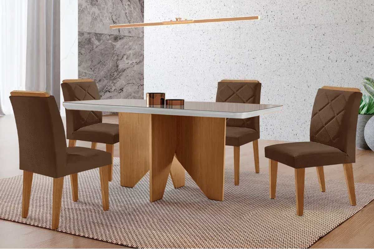Sala Jantar Mesa Nevada c/ Tampo Madeirado c/ Vidro Canto Curvo 120x80cm e 4 Cadeiras Pietá - Rufato