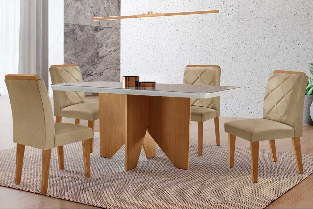 Sala Jantar Mesa Nevada c/ Tampo Madeirado c/ Vidro Canto Curvo 120x80cm e 4 Cadeiras Pietá - Rufato