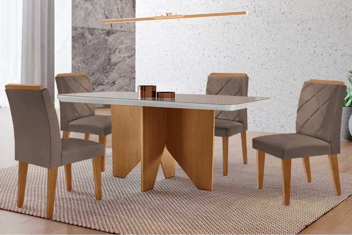 Sala Jantar Mesa Nevada c/ Tampo Madeirado c/ Vidro Canto Curvo 120x80cm e 4 Cadeiras Pietá - Rufato