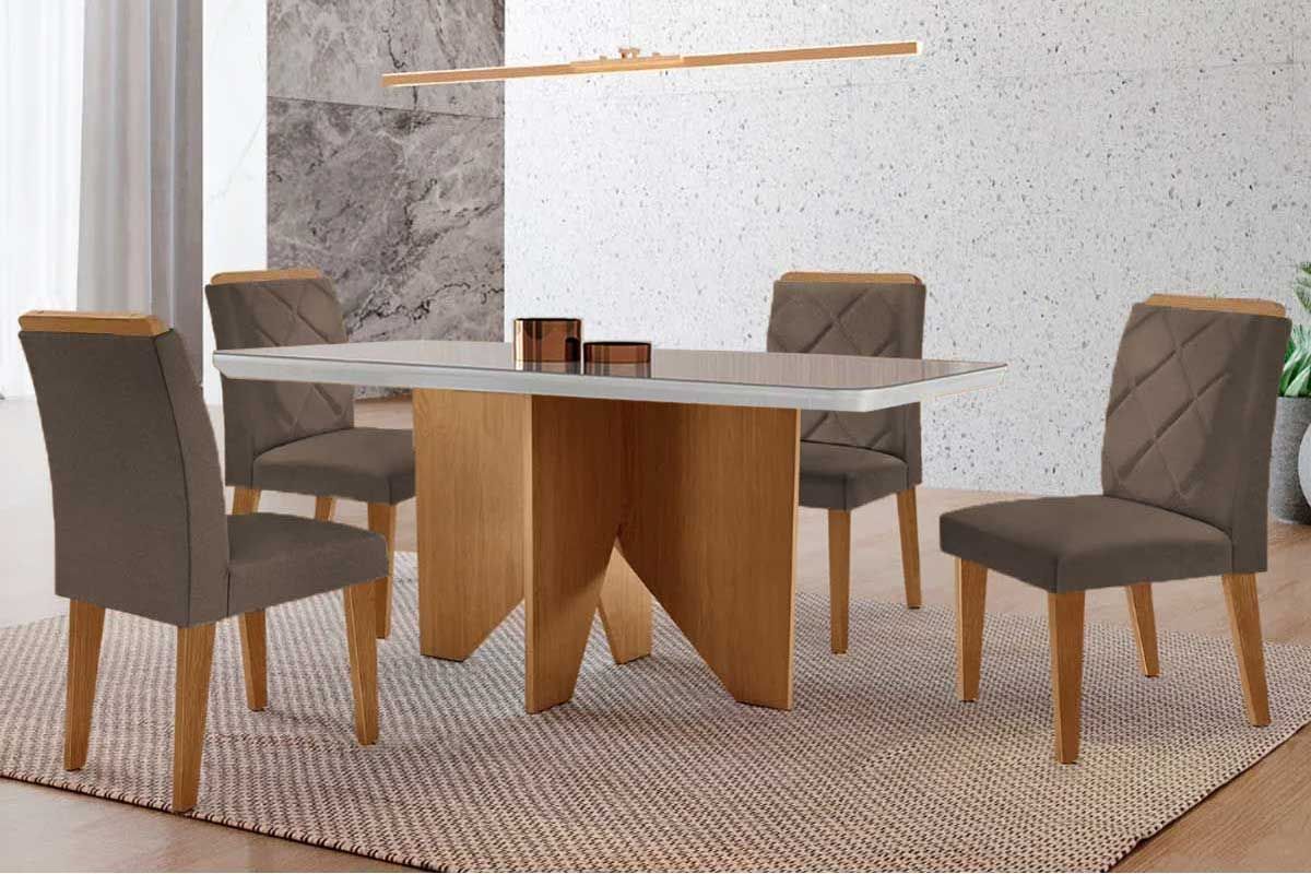 Sala Jantar Mesa Nevada c/ Tampo Madeirado c/ Vidro Canto Curvo 120x80cm e 4 Cadeiras Pietá - Rufato
