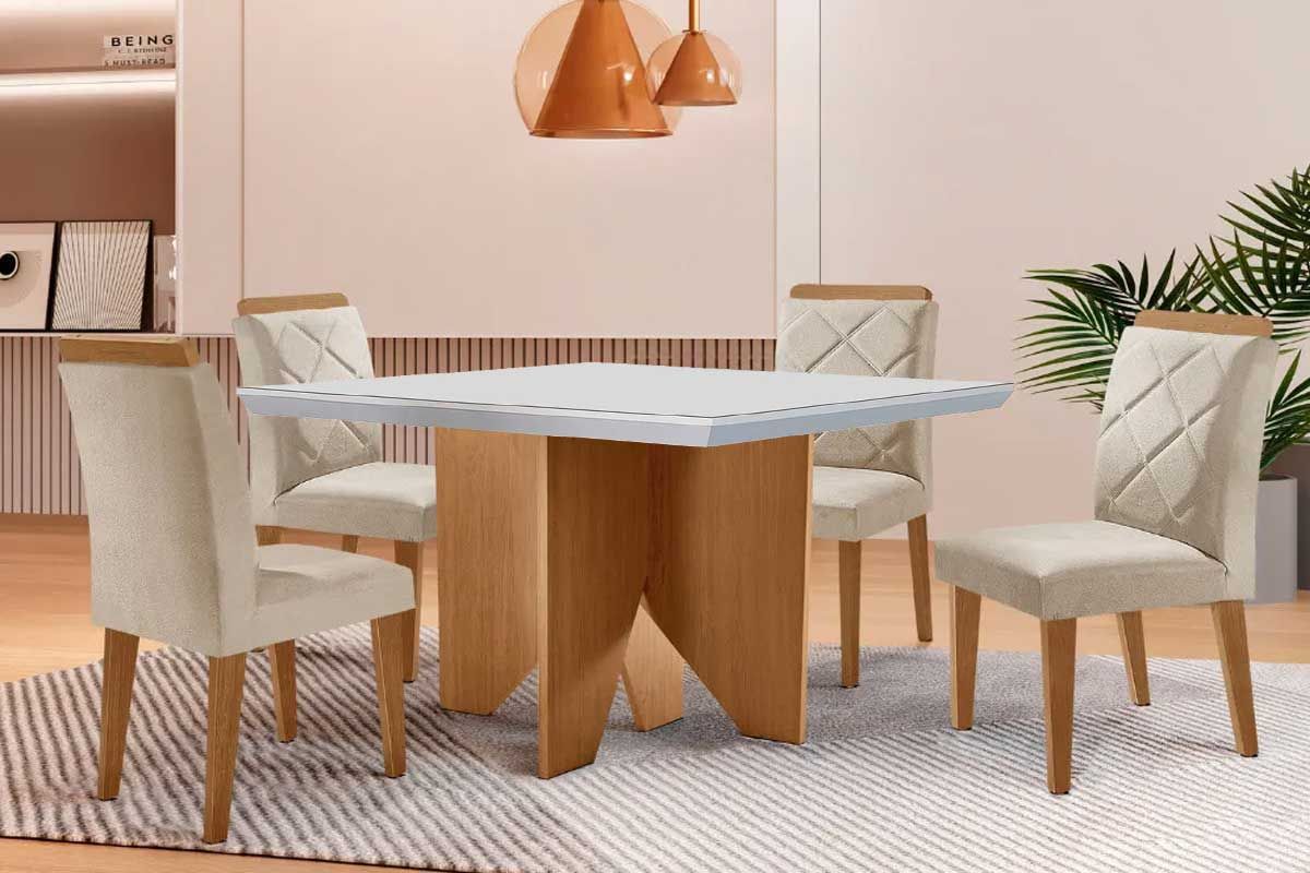 Sala Jantar Mesa Nevada c/ Tampo Madeirado c/ Vidro Canto Curvo 90x90cm e 4 Cadeiras Pietá - Rufato