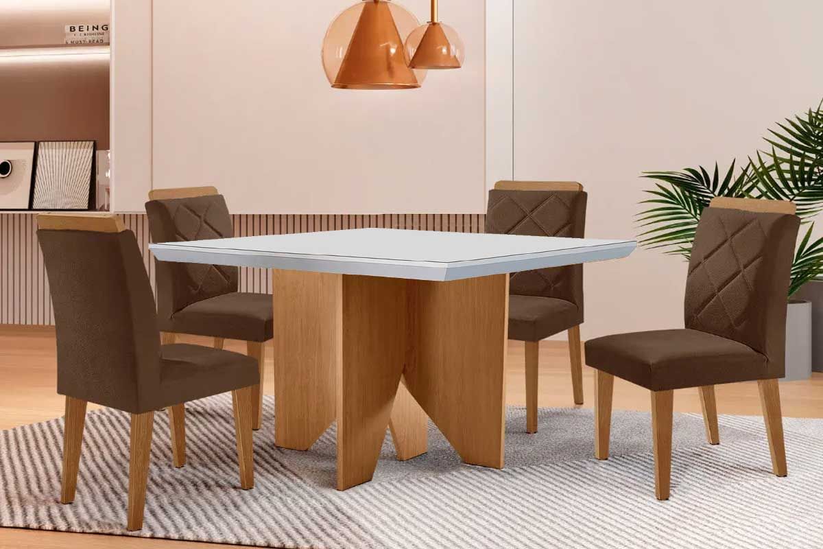 Sala Jantar Mesa Nevada c/ Tampo Madeirado c/ Vidro Canto Curvo 90x90cm e 4 Cadeiras Pietá - Rufato