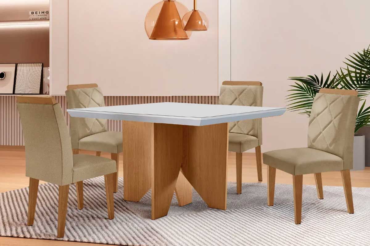 Sala Jantar Mesa Nevada c/ Tampo Madeirado c/ Vidro Canto Curvo 90x90cm e 4 Cadeiras Pietá - Rufato