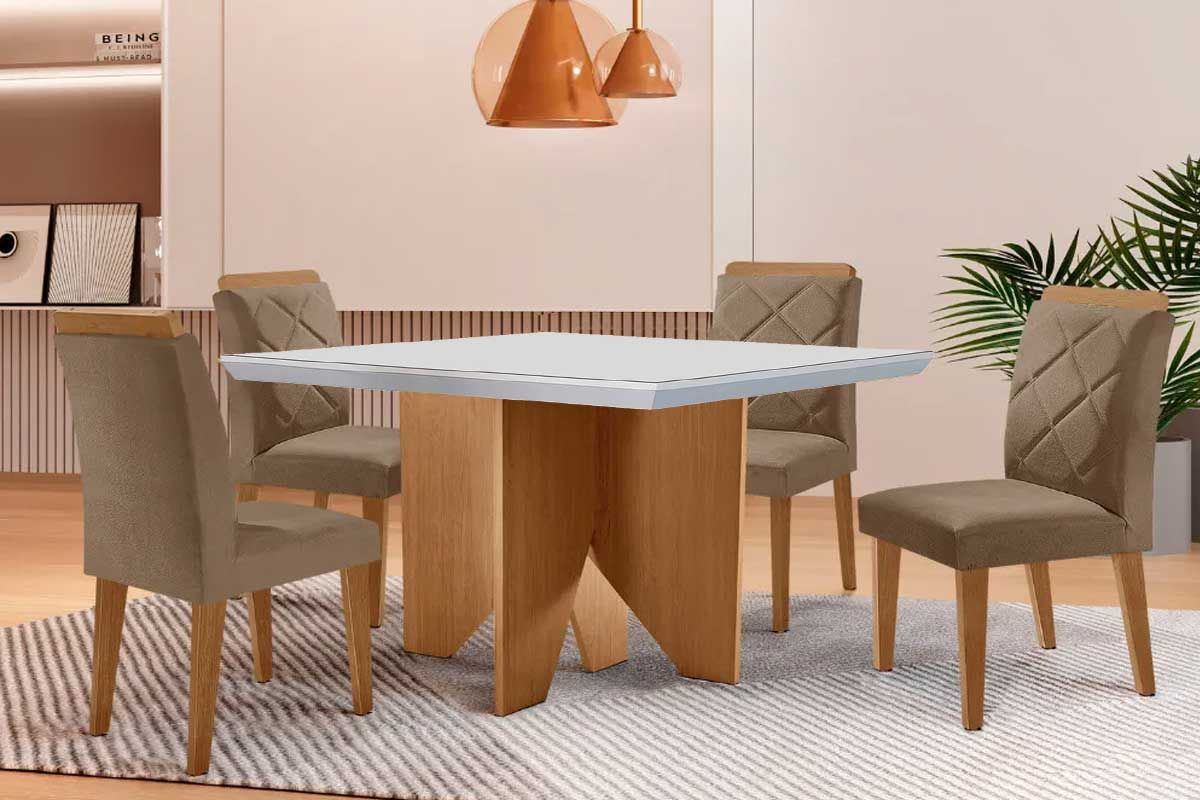 Sala Jantar Mesa Nevada c/ Tampo Madeirado c/ Vidro Canto Curvo 90x90cm e 4 Cadeiras Pietá - Rufato