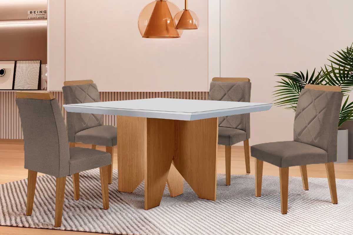Sala Jantar Mesa Nevada c/ Tampo Madeirado c/ Vidro Canto Curvo 90x90cm e 4 Cadeiras Pietá - Rufato