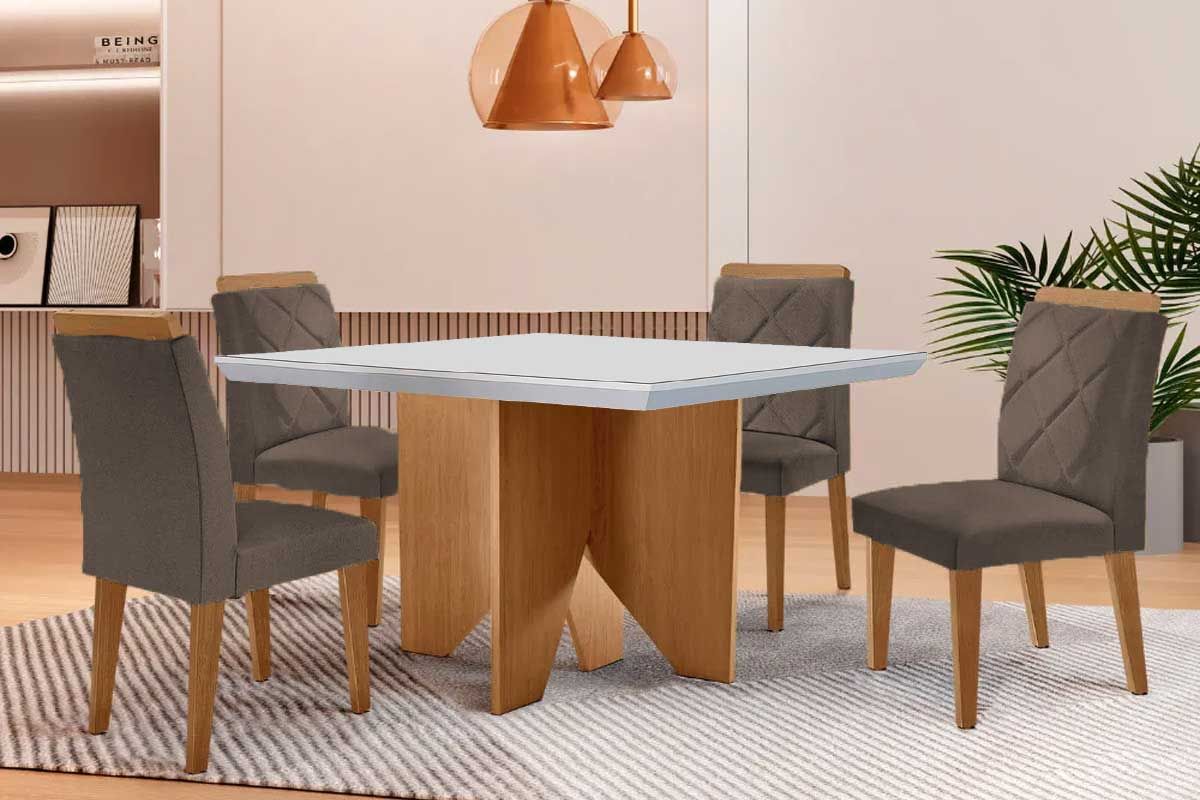 Sala Jantar Mesa Nevada c/ Tampo Madeirado c/ Vidro Canto Curvo 90x90cm e 4 Cadeiras Pietá - Rufato