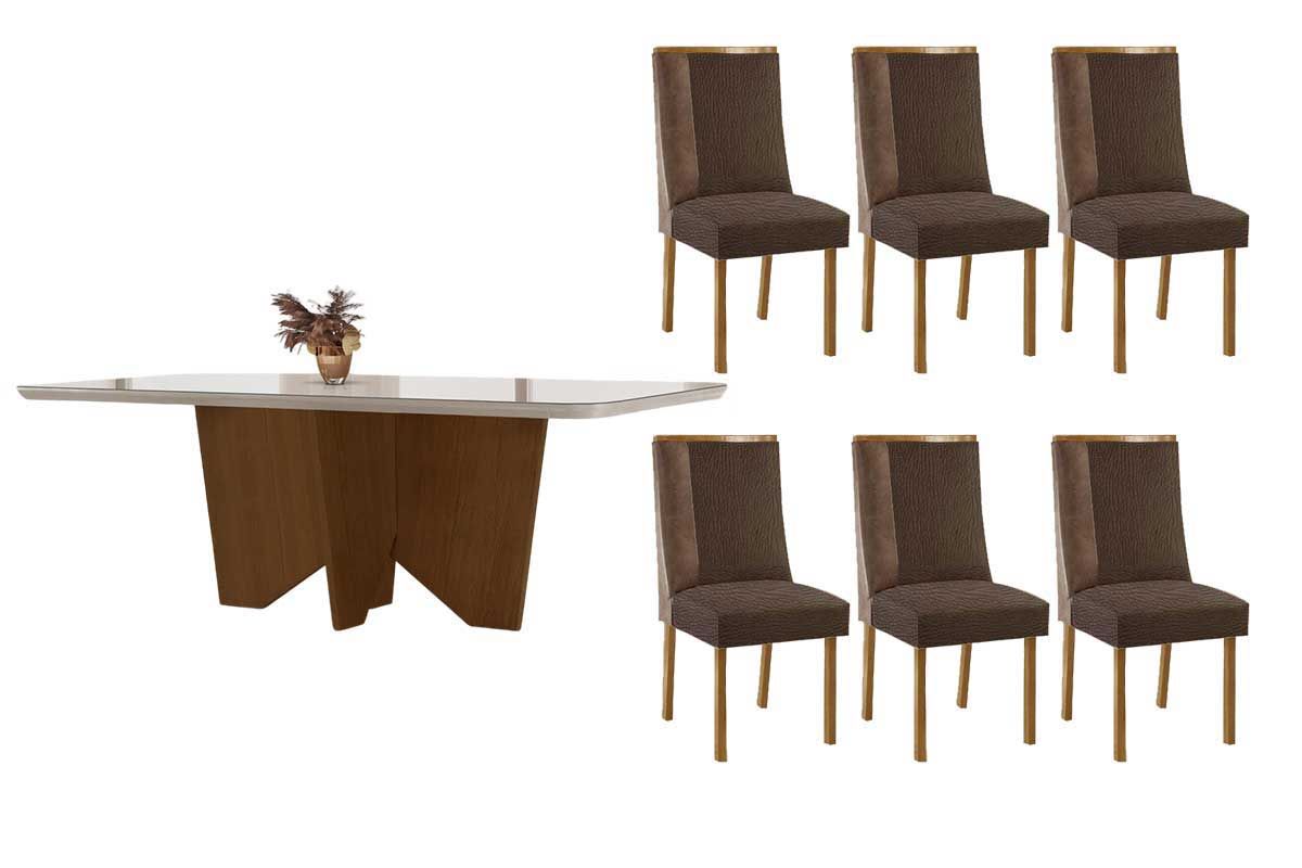 Sala Jantar Mesa Nevada c/ Tampo Madeirado c/ Vidro Canto Curvo 180x90cm e 6 Cadeiras Tilia - Rufato