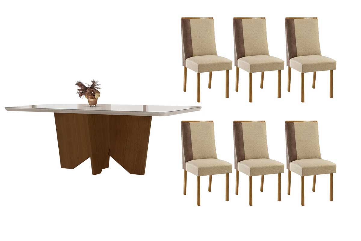 Sala Jantar Mesa Nevada c/ Tampo Madeirado c/ Vidro Canto Curvo 180x90cm e 6 Cadeiras Tilia - Rufato