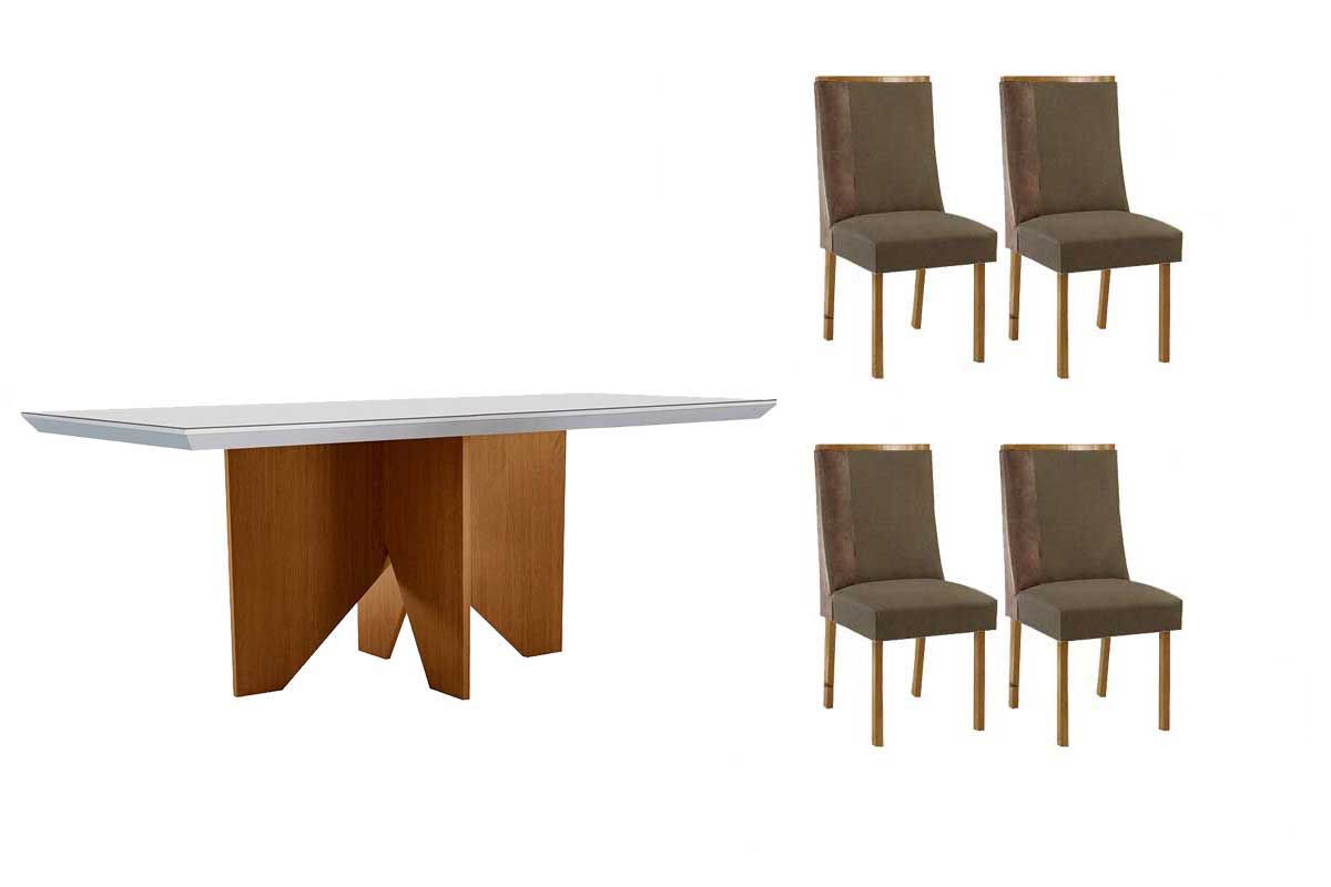 Sala Jantar Mesa Nevada c/ Tampo Madeirado c/ Vidro Canto Curvo 120x80cm e 4 Cadeiras Tilia - Rufato