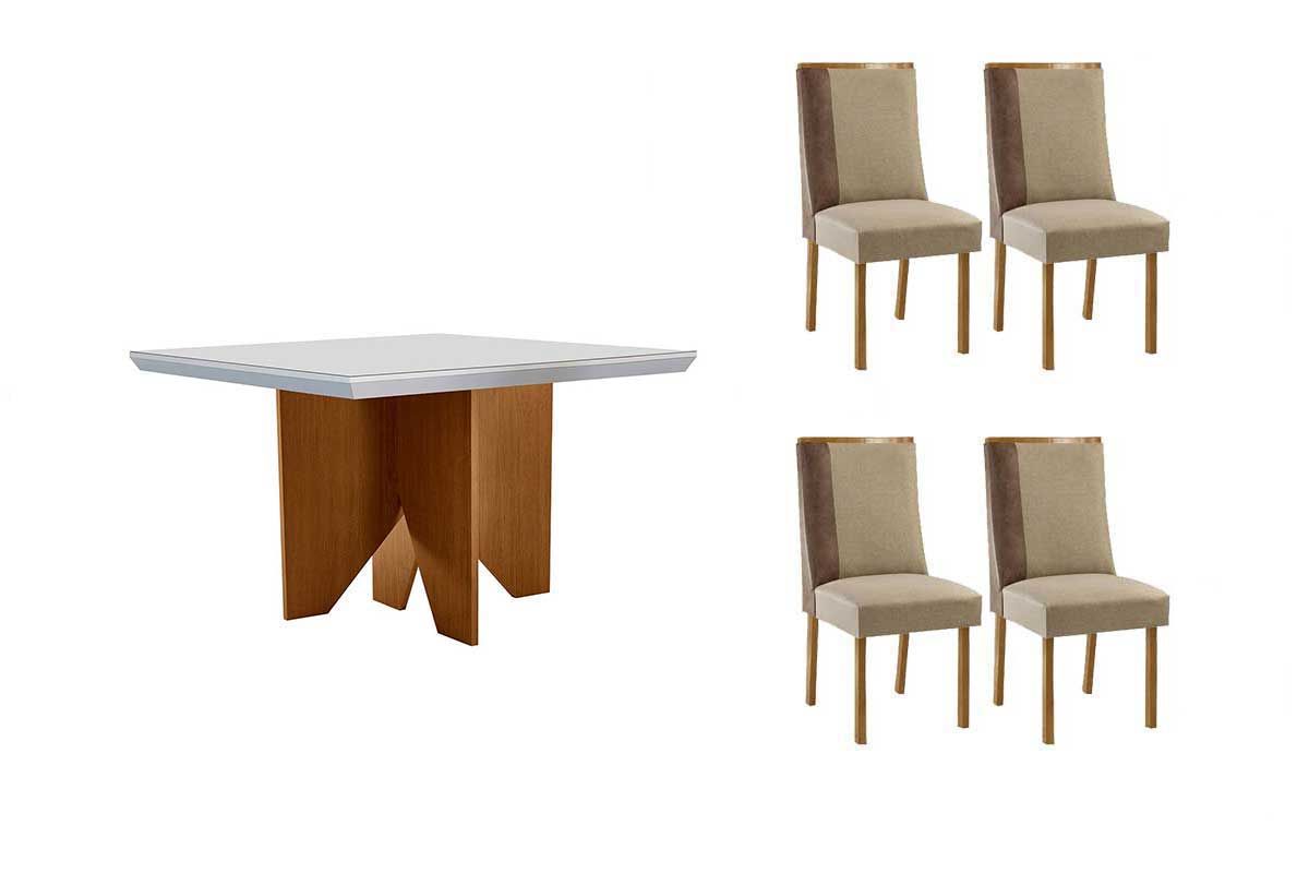 Sala Jantar Mesa Nevada c/ Tampo Madeirado c/ Vidro Canto Curvo 90x90cm e 4 Cadeiras Tilia - Rufato