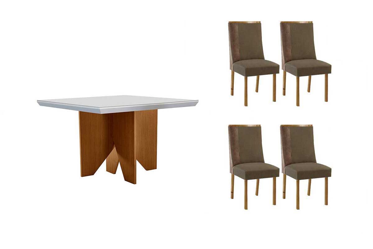 Sala Jantar Mesa Nevada c/ Tampo Madeirado c/ Vidro Canto Curvo 90x90cm e 4 Cadeiras Tilia - Rufato