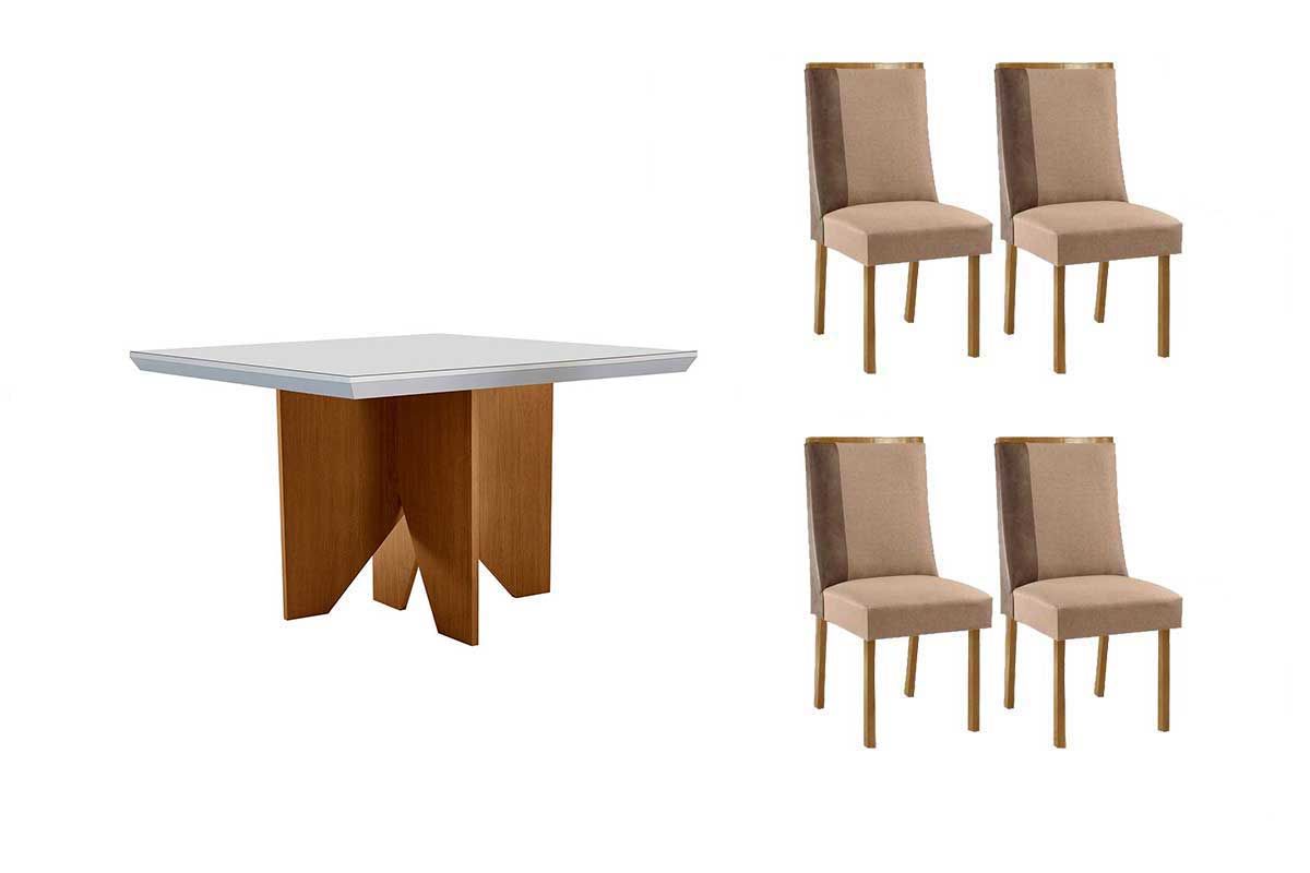 Sala Jantar Mesa Nevada c/ Tampo Madeirado c/ Vidro Canto Curvo 90x90cm e 4 Cadeiras Tilia - Rufato