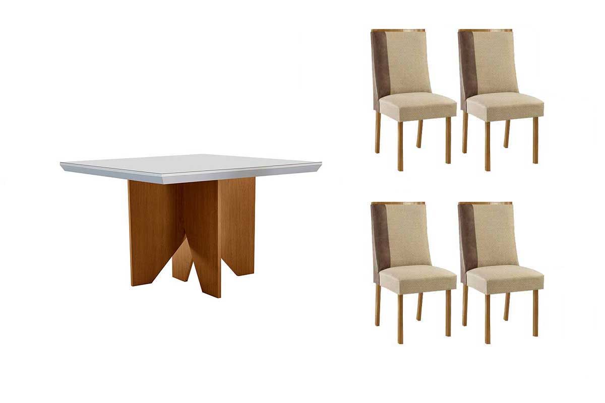 Sala Jantar Mesa Nevada c/ Tampo Madeirado c/ Vidro Canto Curvo 90x90cm e 4 Cadeiras Tilia - Rufato