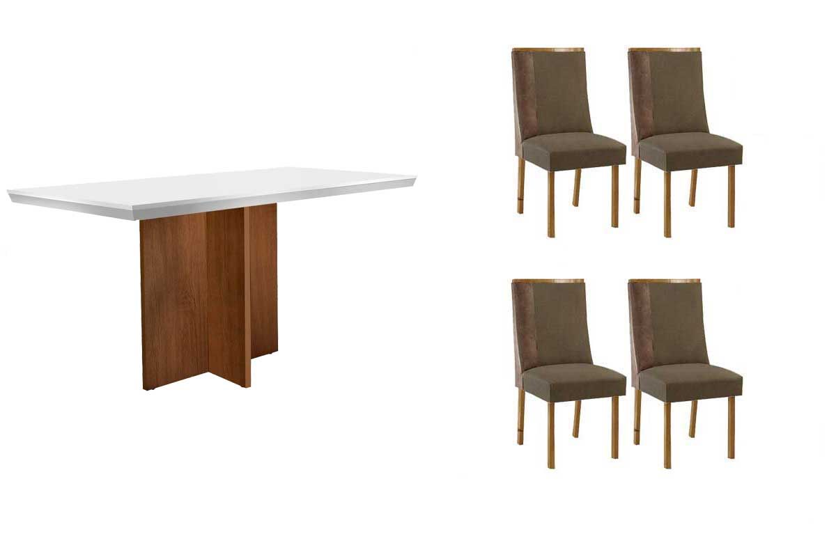 Sala de Jantar Completa Berlim c/ Tampo Madeirado c/ Vidro Canto Curvo 120x80cm e 4 Cadeiras Tilia - Rufato
