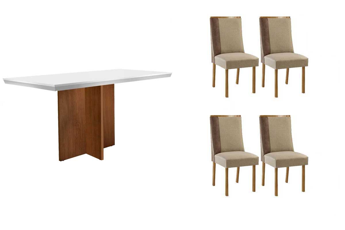 Sala de Jantar Completa Berlim c/ Tampo Madeirado c/ Vidro Canto Curvo 120x80cm e 4 Cadeiras Tilia - Rufato