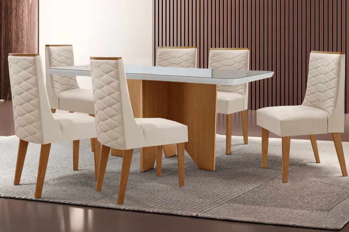 Sala de Jantar Completa Nevada c/ Tampo Madeirado c/ Vidro Canto Curvo 180x90cm e 6 Cadeiras Dafne - Rufato