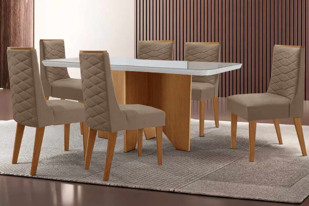 Sala de Jantar Completa Nevada c/ Tampo Madeirado c/ Vidro Canto Curvo 180x90cm e 6 Cadeiras Dafne - Rufato