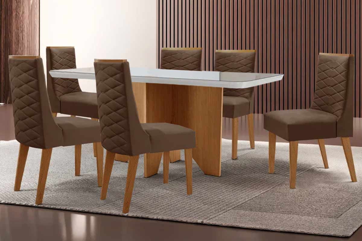 Sala de Jantar Completa Nevada c/ Tampo Madeirado c/ Vidro Canto Curvo 180x90cm e 6 Cadeiras Dafne - Rufato