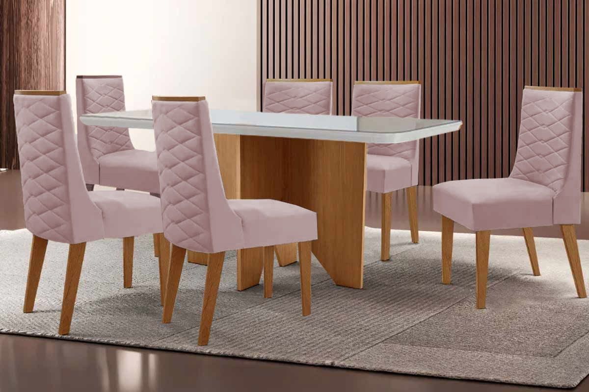 Sala de Jantar Completa Nevada c/ Tampo Madeirado c/ Vidro Canto Curvo 180x90cm e 6 Cadeiras Dafne - Rufato