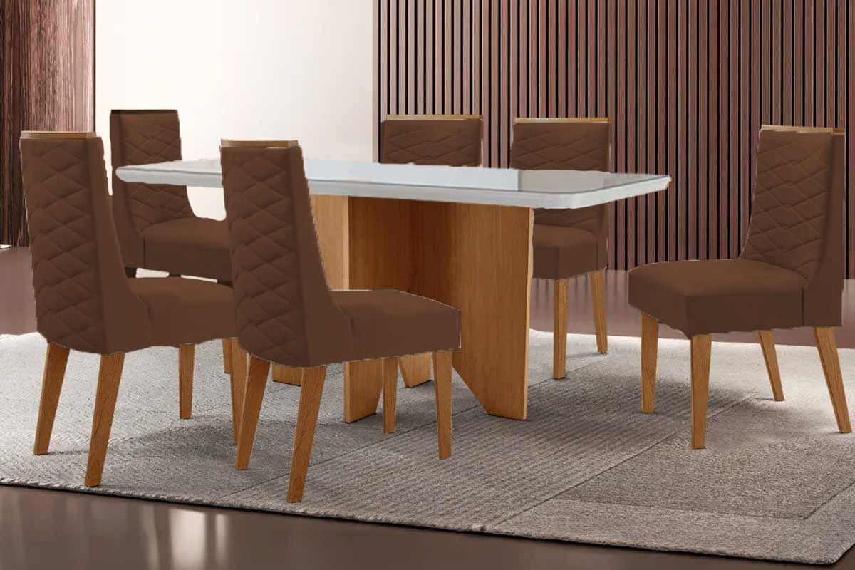 Sala de Jantar Completa Nevada c/ Tampo Madeirado c/ Vidro Canto Curvo 180x90cm e 6 Cadeiras Dafne - Rufato