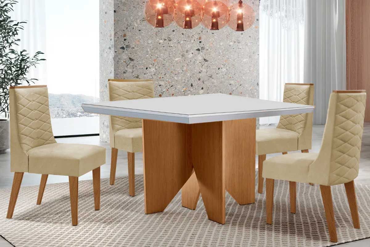 Sala Jantar Mesa Nevada c/ Tampo Madeirado c/ Vidro Canto Curvo 90x90cm e 4 Cadeiras Dafne - Rufato