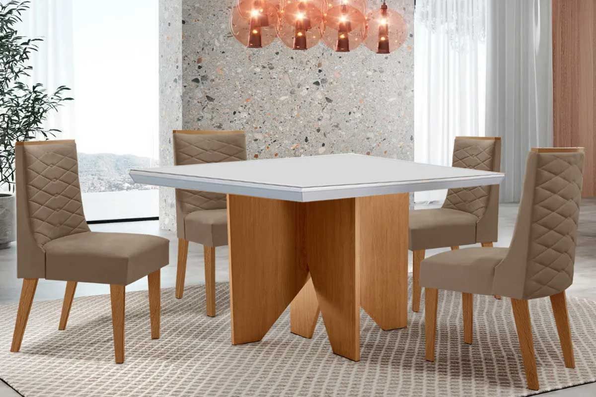 Sala Jantar Mesa Nevada c/ Tampo Madeirado c/ Vidro Canto Curvo 90x90cm e 4 Cadeiras Dafne - Rufato