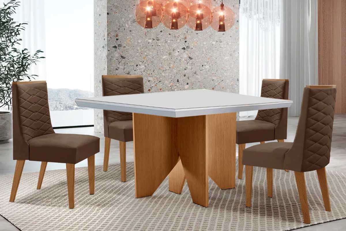 Sala Jantar Mesa Nevada c/ Tampo Madeirado c/ Vidro Canto Curvo 90x90cm e 4 Cadeiras Dafne - Rufato