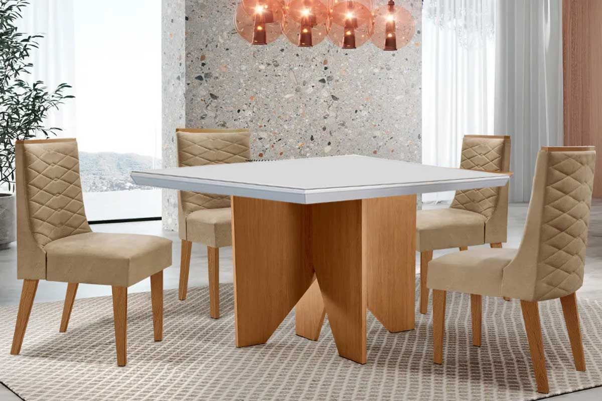 Sala Jantar Mesa Nevada c/ Tampo Madeirado c/ Vidro Canto Curvo 90x90cm e 4 Cadeiras Dafne - Rufato