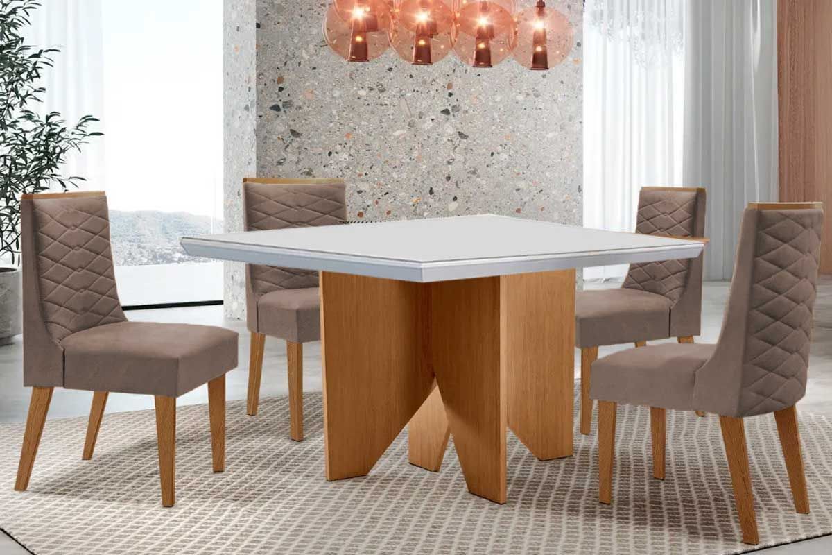 Sala Jantar Mesa Nevada c/ Tampo Madeirado c/ Vidro Canto Curvo 90x90cm e 4 Cadeiras Dafne - Rufato