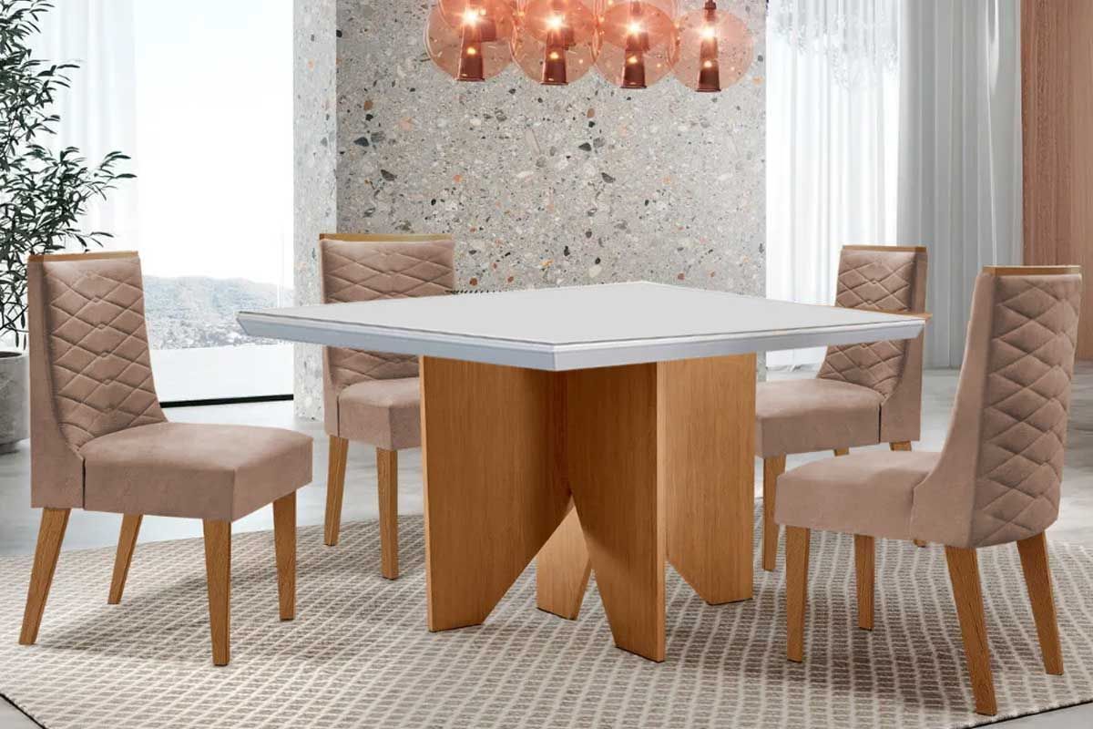 Sala Jantar Mesa Nevada c/ Tampo Madeirado c/ Vidro Canto Curvo 90x90cm e 4 Cadeiras Dafne - Rufato