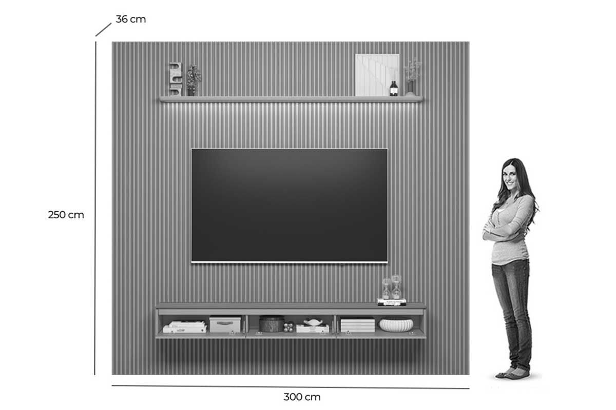 Home p/ TV até 100 Pol Modular 3.0 Ripado c/3 Porta. 1 Prat. 2,97x2,50cm Linea Brasil