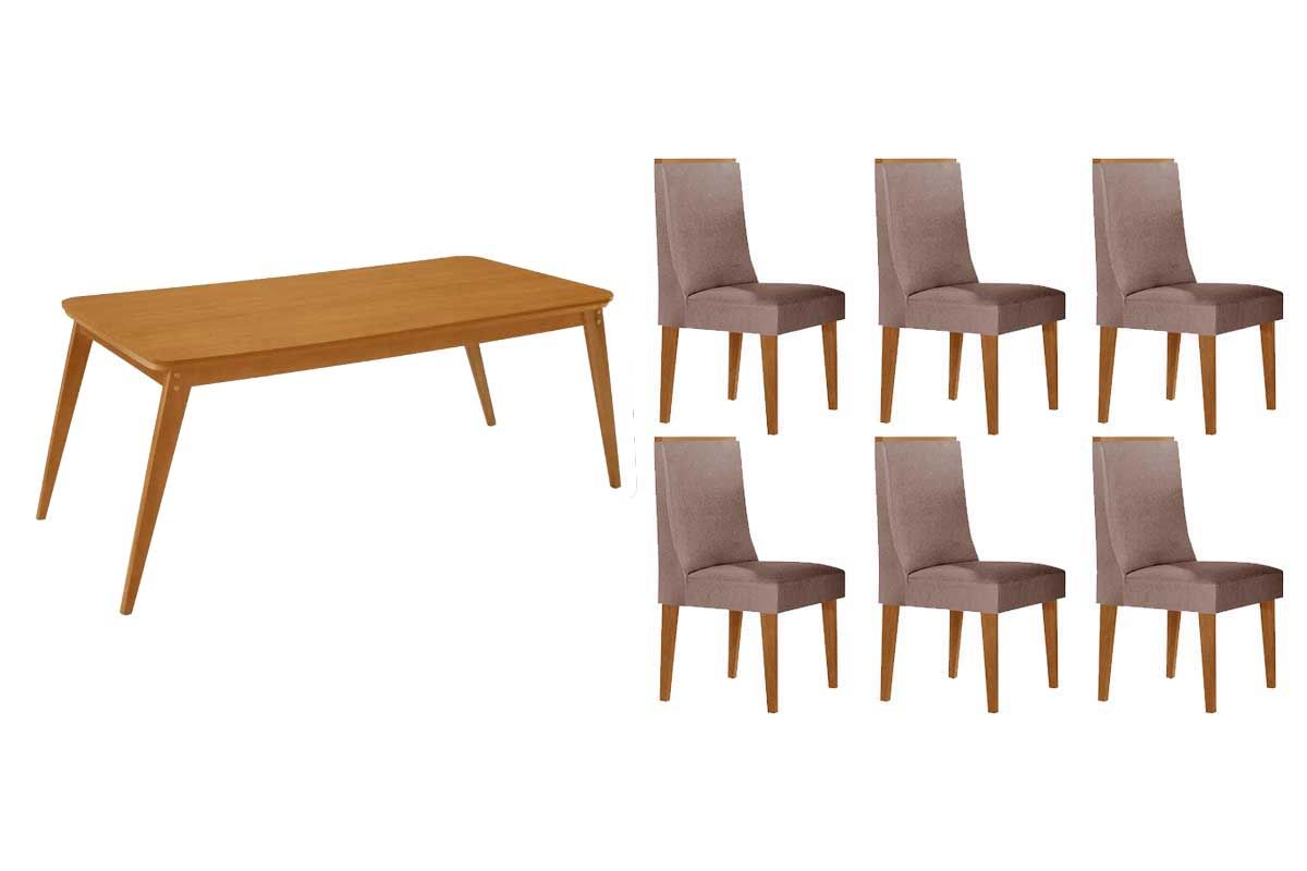 Sala Jantar Mesa Havana c/ Tampo Madeirado Canto Curvo 180x90cm e 6 Cadeiras Dakota - Rufato