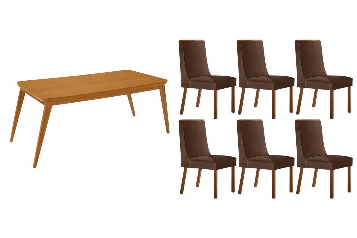 Sala Jantar Mesa Havana c/ Tampo Madeirado Canto Curvo 180x90cm e 6 Cadeiras Dakota - Rufato
