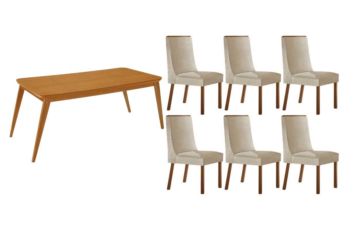 Sala Jantar Mesa Havana c/ Tampo Madeirado Canto Curvo 180x90cm e 6 Cadeiras Dakota - Rufato