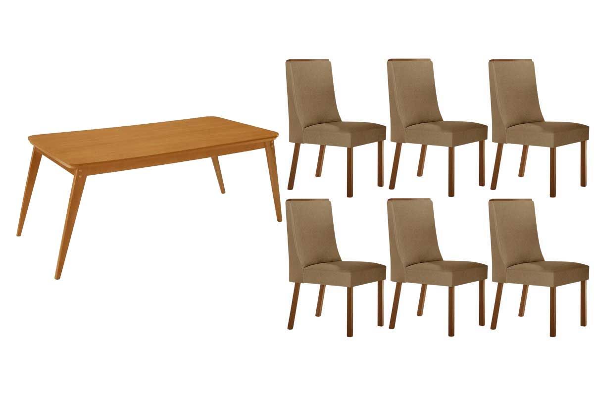 Sala Jantar Mesa Havana c/ Tampo Madeirado Canto Curvo 180x90cm e 6 Cadeiras Dakota - Rufato