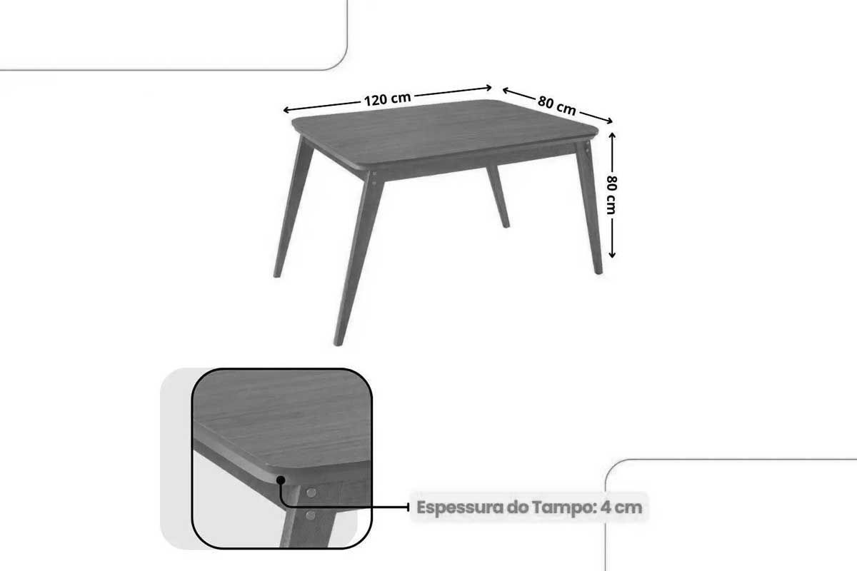 Sala Jantar Mesa Havana Curvo 120cm + 4 Cadeiras Dakota - Rufato