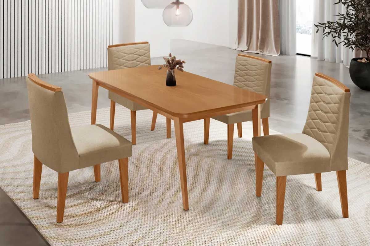 Sala Jantar Mesa Havana Curvo 120cm + 4 Cadeiras Maldivas - Rufato