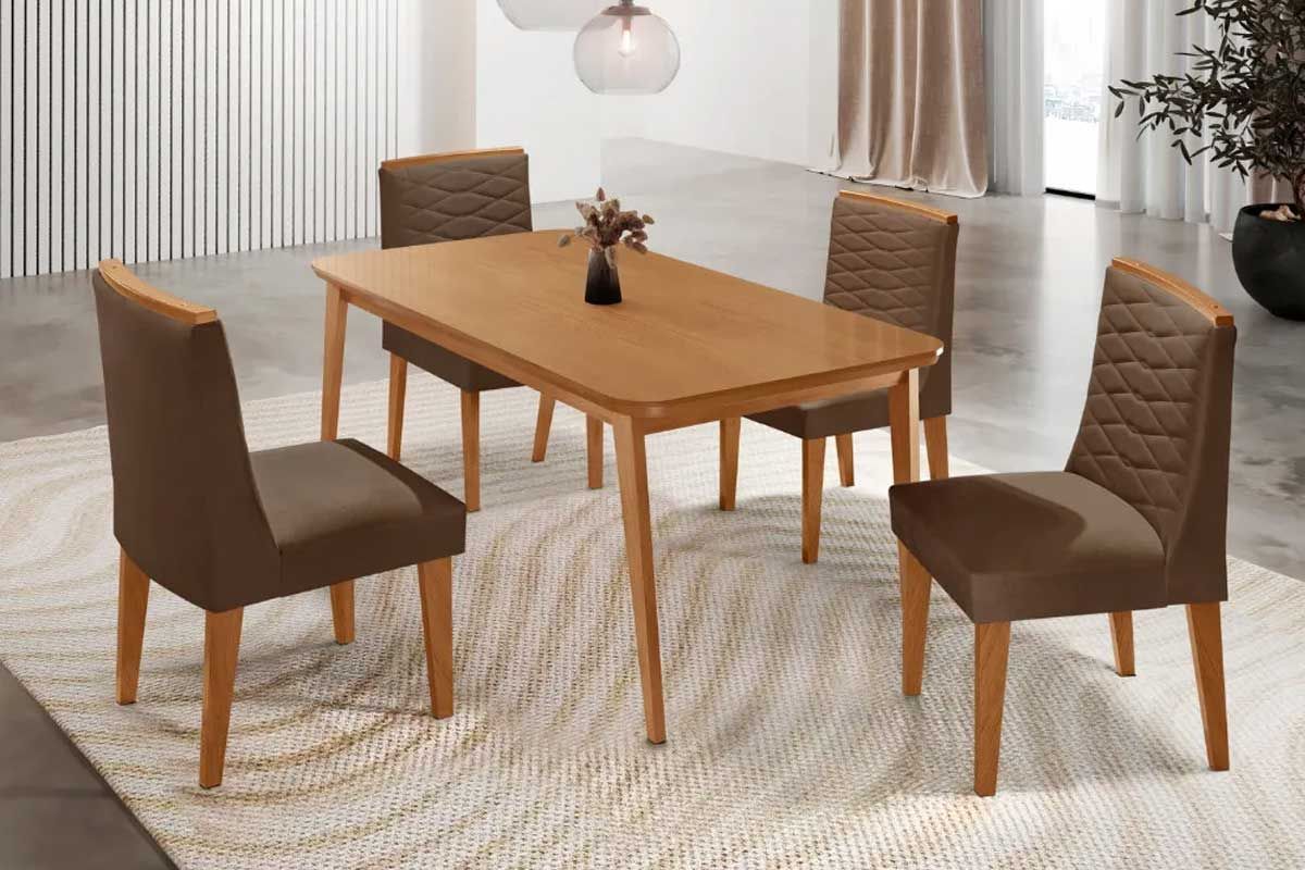 Sala Jantar Mesa Havana Curvo 120cm + 4 Cadeiras Maldivas - Rufato