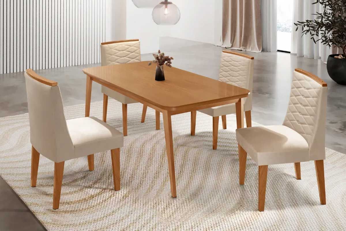 Sala Jantar Mesa Havana Curvo 120cm + 4 Cadeiras Maldivas - Rufato
