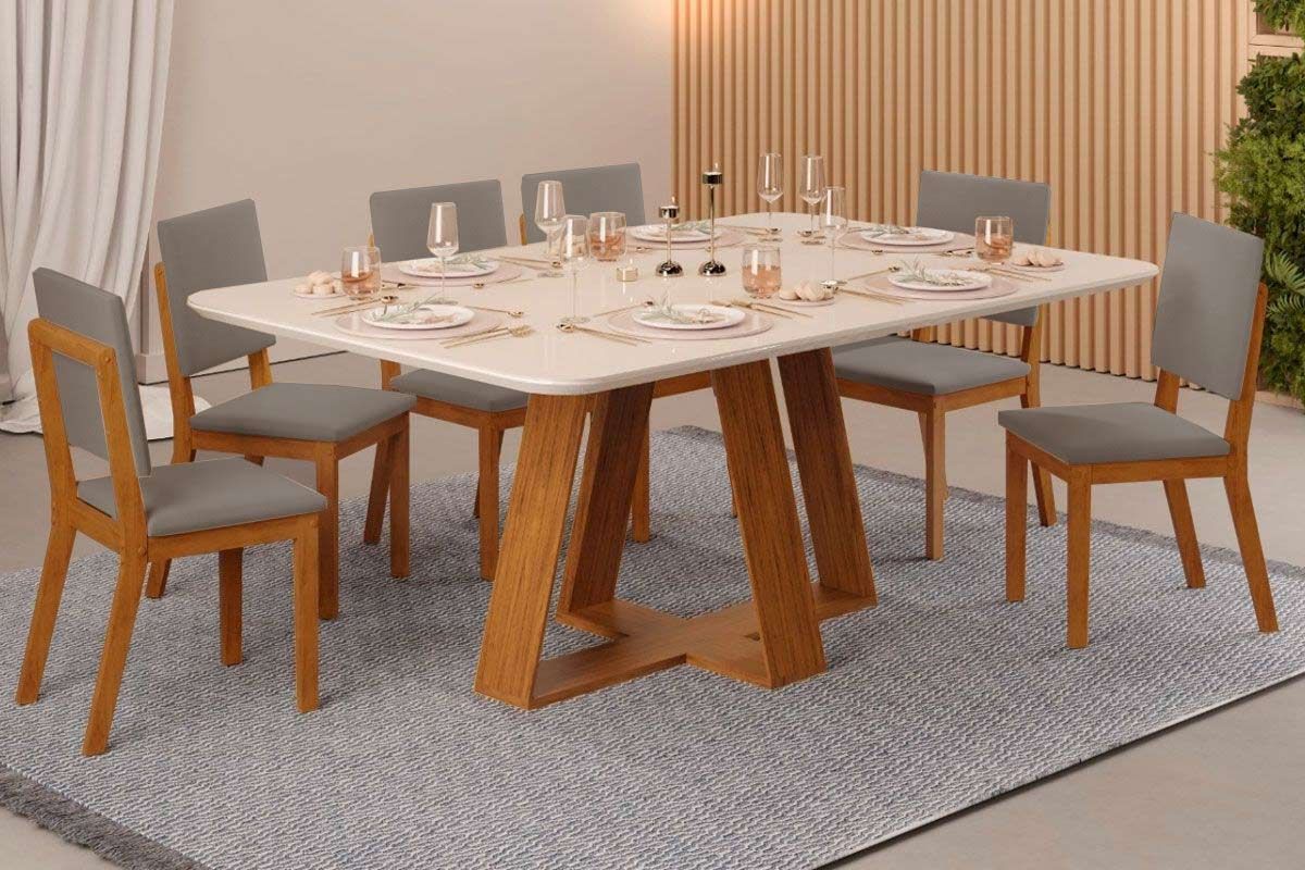 Sala de Jantar Completa Celeste c/ Tampo Madeirado c/ Vidro Curvo 160x90cm e 6 Cadeiras Talia - DJ Móveis