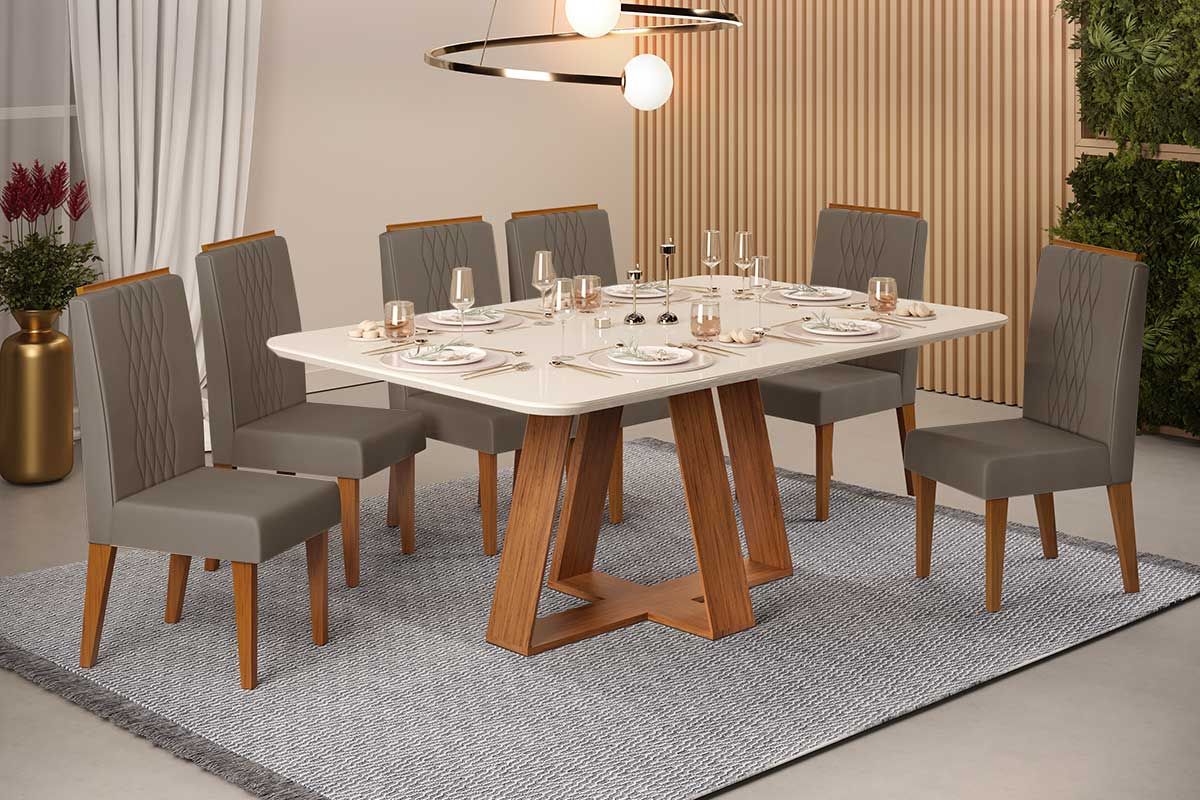 Sala de Jantar Completa Celeste c/ Tampo Madeirado c/ Vidro Curvo 160x90cm e 6 Cadeiras Lia - DJ Móveis