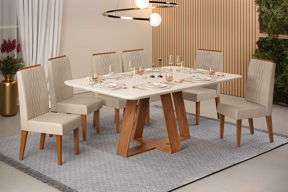 Sala de Jantar Completa Celeste c/ Tampo Madeirado c/ Vidro Curvo 160x90cm e 6 Cadeiras Lia - DJ Móveis
