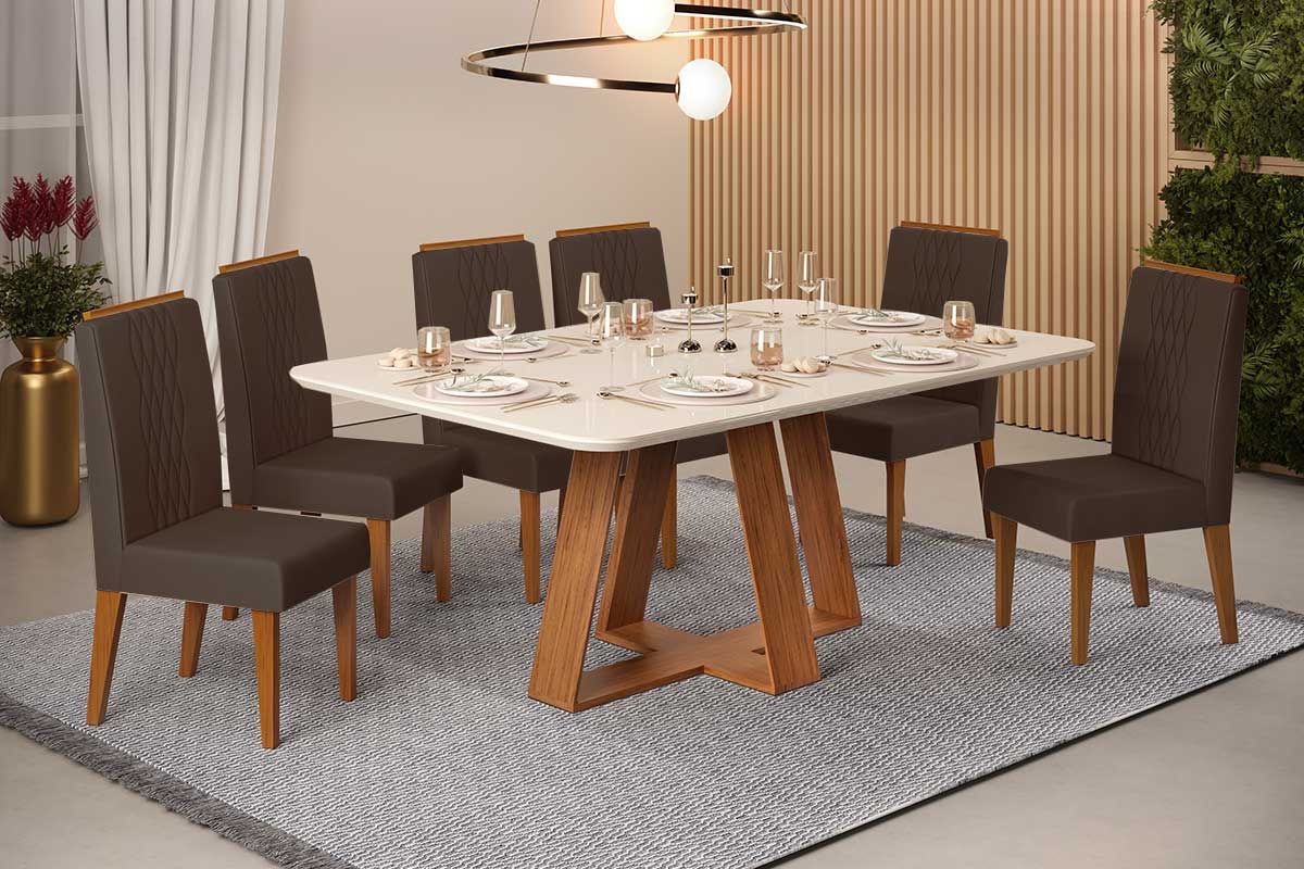Sala de Jantar Completa Celeste c/ Tampo Madeirado c/ Vidro Curvo 160x90cm e 6 Cadeiras Lia - DJ Móveis