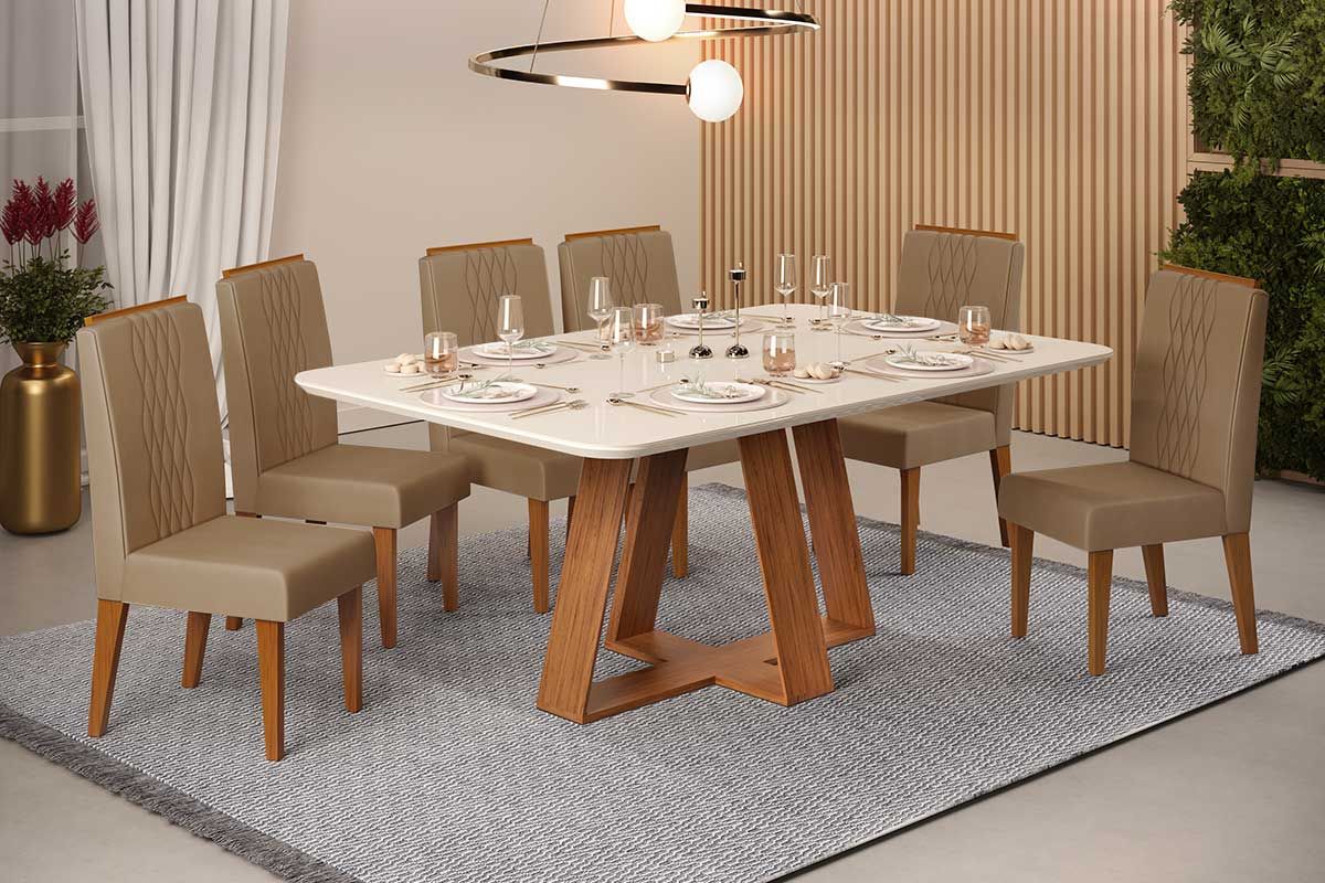 Sala de Jantar Completa Celeste c/ Tampo Madeirado c/ Vidro Curvo 160x90cm e 6 Cadeiras Lia - DJ Móveis