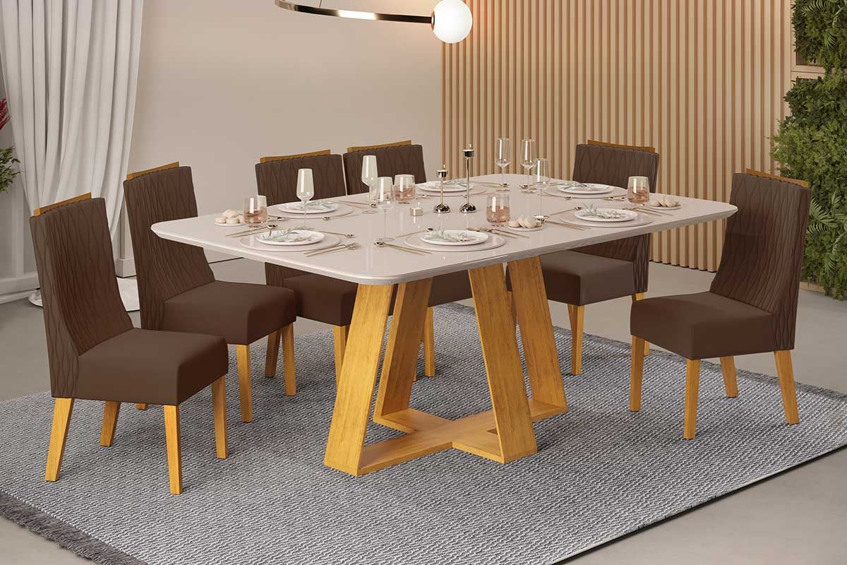 Sala de Jantar Completa Celeste c/ Tampo Madeirado c/ Vidro Curvo 160x90cm e 6 Cadeiras Jade - DJ Móveis