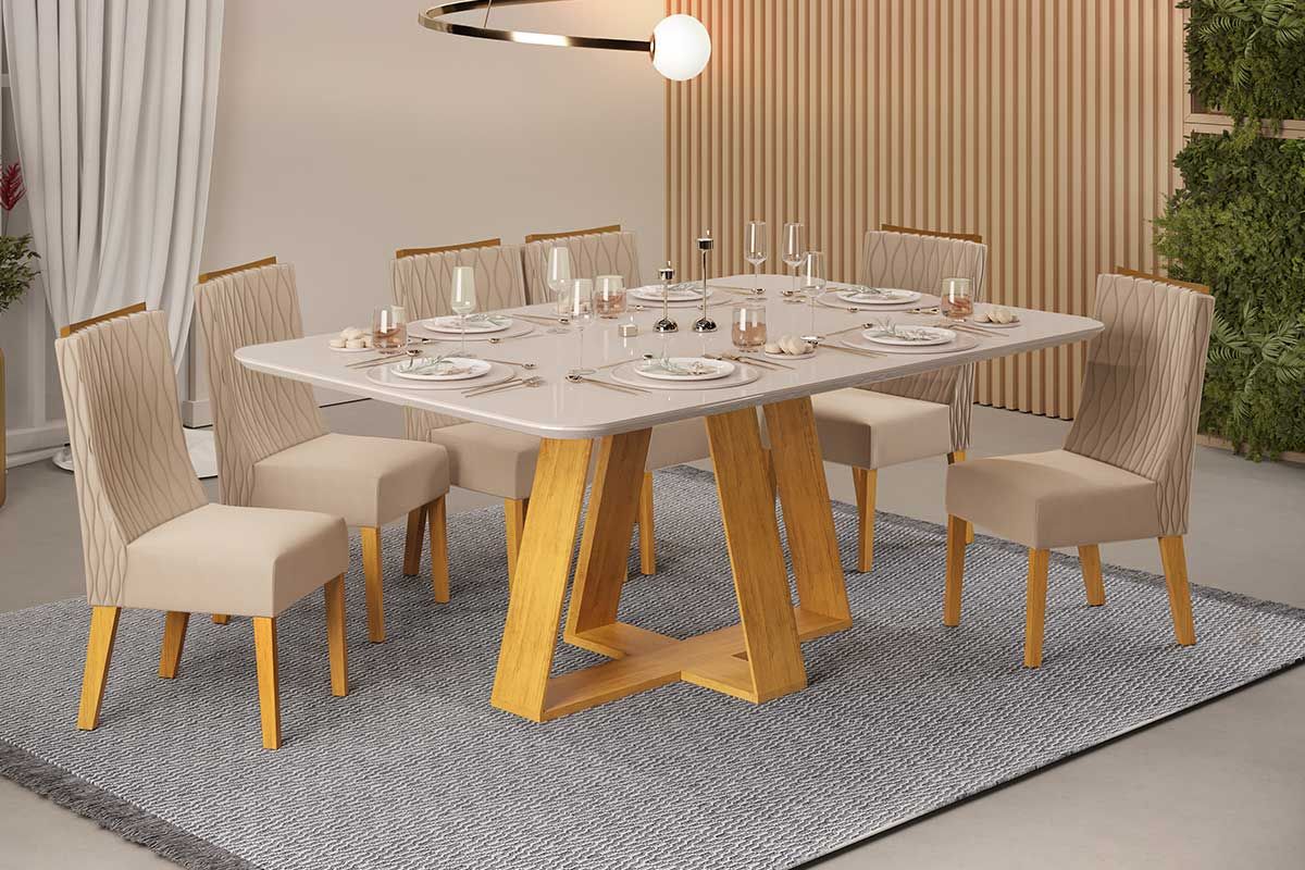 Sala de Jantar Completa Celeste c/ Tampo Madeirado c/ Vidro Curvo 160x90cm e 6 Cadeiras Jade - DJ Móveis
